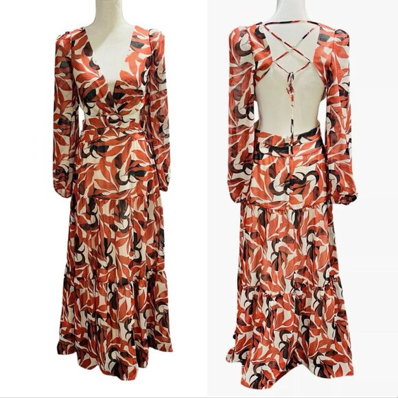 Gianni Bini Lillian Maxi Dress Size 12 Copper Palm Print Tiered Cut Out NEW - Picture 3 of 11